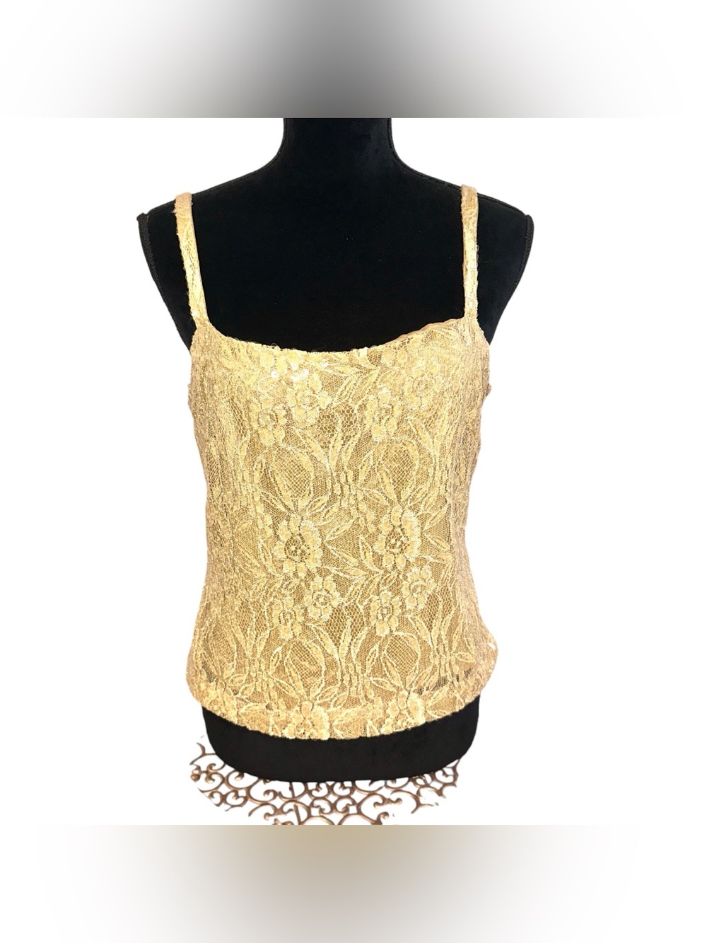 Vtg George Simonton Luxe Gold Lace Camisole Tank Top Women's Size 12 Side Zipper